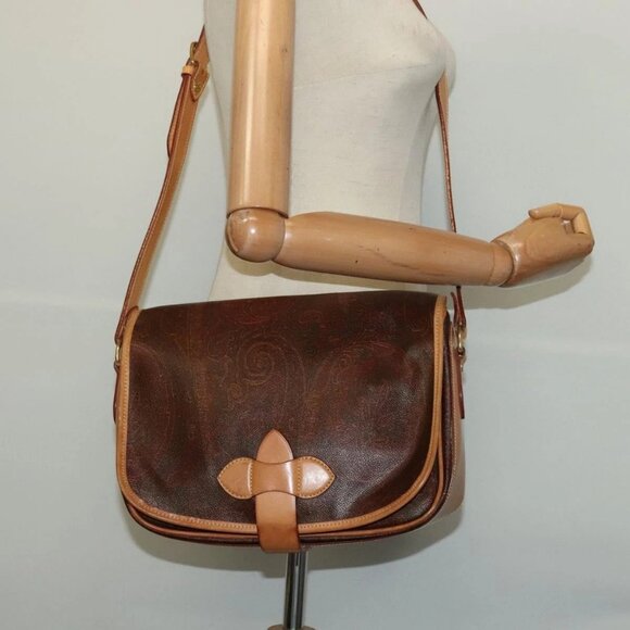 ETRO Paisley Shoulder Bag PVC Leather Brown Gold Auth am8067 - Picture 3 of 16